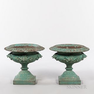 Pair of Light Blue-painted Cast Iron Urns