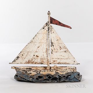 Painted Wrought and Sheet Iron Sailboat Sculpture