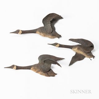 Three Small Painted Carvings of Flying Canada Geese
