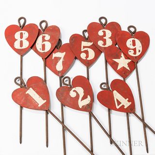 Set of Ten Red-painted Heart-form Markers