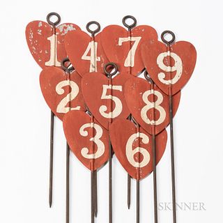 Set of Nine Red-painted Heart-form Markers