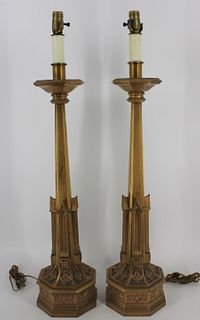 Fine And Large Bronze Gothic Style Bronze Lamps.