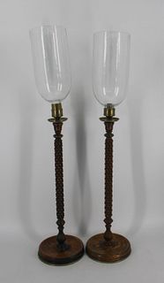 An Antique Pr Of Carved Wood Hurricane Lamps With