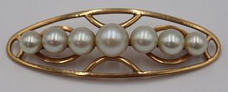 JEWELRY. 14kt Gold and Pearl Brooch.