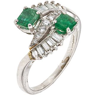 RING WITH EMERALDS AND DIAMONDS IN PLATINUM Octagonal cut emeralds ~0.70 ct, Different cut diamonds~0.35 ct. Size: 7 ½ | ANILLO CON ESMERALDAS Y DIAMA