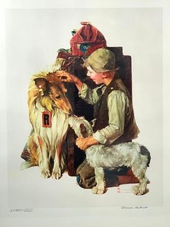 Norman Rockwell Lithograph, Boy with Two Dogs