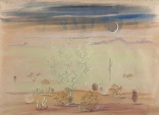 Leroy Walter Flint Gouache, Desert Flora Under a Moon