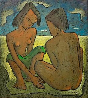 Angel Botello Linocut, Two Figures at the Beach