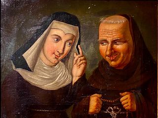 19thc. Italian School Oil, The Monk and the Nun