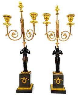 Pair of French Empire Two Light Bronze Candelabra