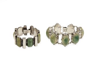 A set of Fred Davis silver and green hardstone bracelets