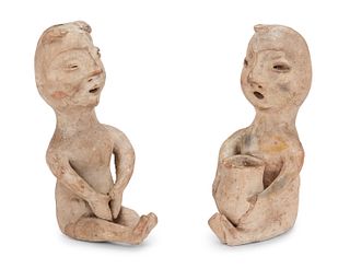 Two hand-formed ceramic Tesuque Rain God figures