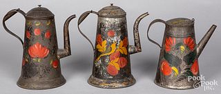 Three toleware coffee pots, 19th c.