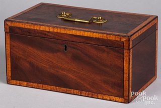 Tiger maple banded mahogany dresser box, 19th c.