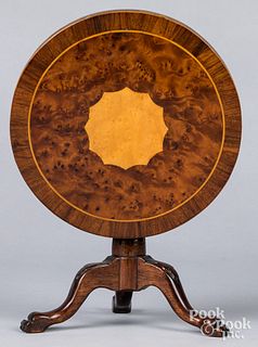 Miniature Chippendale style inlaid burl tea table