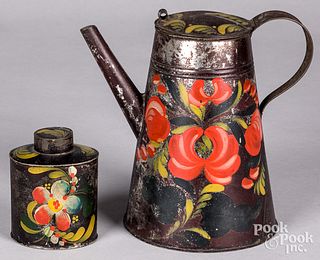 Toleware coffee pot and tea caddy, 19th c.