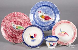 Group of spatter, to include three peafowl plates