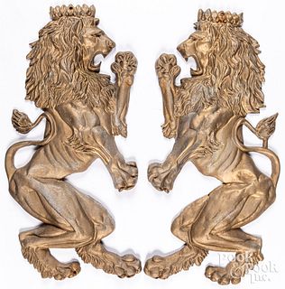 Pair of gilt metal rampant lion plaques