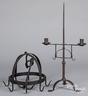 Contemporary wrought iron candlestand, etc.