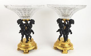 Pair of 19th C. Gilt & Patinated Bronze & Crystal
