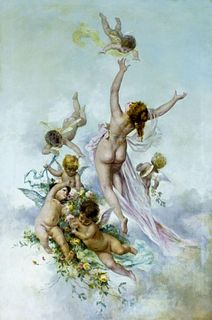 Late 19th C. "Goddess with Cupids" Oil on Canvas