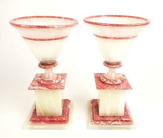 Pair of Toll White & Pink Rhodochrosite Vases