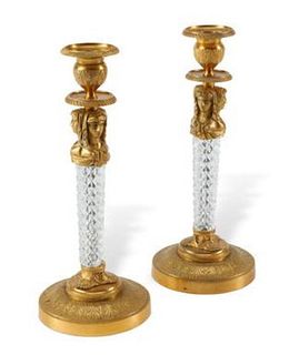 Pair of Charles X Gilt Bronze & Glass Candlesticks