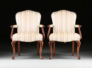 A PAIR OF QUEEN ANNE STYLE UPHOLSTERED MAHOGANY ARMCHAIRS, MODERN,