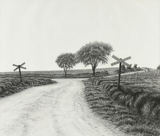 CHARLES "CHAZ" LEETE MOSER (American 20th/21st Century) A DRAWING, "Old Railroad Crossing in Landscape," 