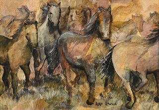 JOAN LAWSON (American/Texas b. 1943) A COLLAGE PAINTING, "Mustangs," AUSTIN,