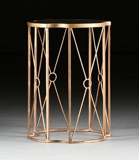 A HOLLYWOOD REGENCY STYLE MIRROR TOPPED AND GILT WROUGHT IRON SIDE TABLE, MODERN,