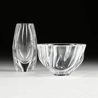 A BACCARAT CRYSTAL "BOUTON D'OR TRIANGLE" VASE AND ORREFORS CRYSTAL "RESIDENCE" BOWL, SIGNED, MODERN,