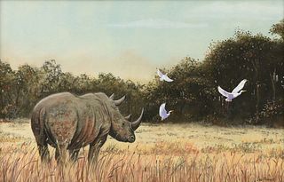 JOE MARAIS (South African 20th/21st Century) A DRAWING, "Rhino with White Birds in Landscape,"