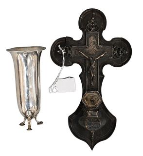 Two Piece Lot, to include silver crucifix mounted on hardwood and continental silver vase on three feet, two pieces off but available, crucifix height
