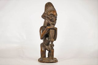 Male Luba Statue with Figural Staff 23" – DR Congo