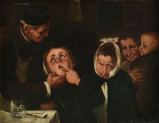 attributed to JOHAN GUDMUNDSEN-HOLMGREEN (Danish 1858-1912) A PAINTING,"Dentist Examining Children with Toothache,"