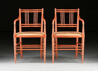 A PAIR OF REGENCY STYLE CORAL PINK PAINTED FAUX BAMBOO CARVED ARMCHAIRS, BY KITTINGER, 