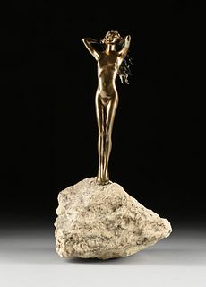 A VINTAGE EROTIC NUDE BRASS SCULPTURE ON ROCK BASE, MID/LATE 20TH CENTURY,