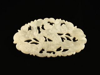 A CHINESE MOTTLED WHITE JADE PLAQUE, LOTUS, ATTRIBUTED TO THE LATE QING DYNASTY (1644-1912), EARLY 20TH CENTURY,