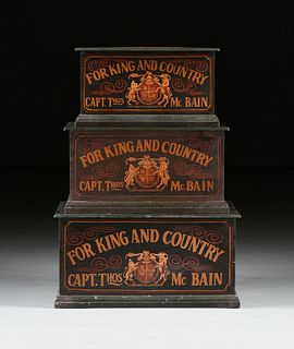 THREE GEORGE III STYLE SHIP CAPTAIN'S PAINTED WOOD BOXES, MODERN,