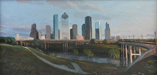 DAVID CATON (American/Texas b.1955) A PAINTING, "Houston, Texas Skyline: View of Buffalo Bayou," 