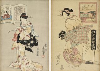 TWO JAPANESE UKIYO-E BIJIN-GA 'BEAUTIFUL WOMEN' WOODBLOCK PRINTS, "Courtesan Holding Geta, Exposing Feet," AND "Courtesan Playing Gong,"