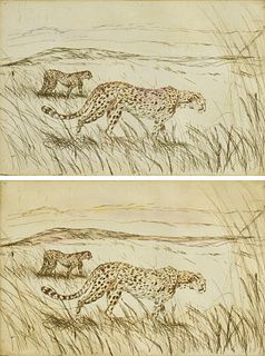 KATIE OLIVER (American 20th/21st Century) TWO PRINTS OF CHEETAHS, "Serengeti Grass Plains," PRESENTATION PROOF, 1998,