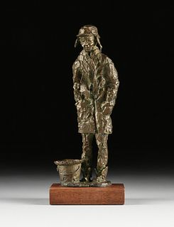 AN IMPRESSIONIST STYLE BRONZE SCULPTURE, "The Cold Man with Hat and Scarf Warming by a Bucket of Coals," SIGNED, 20TH CENTURY,