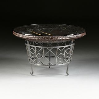 AN AUSTRALIAN BUSH THEME GLASS TOPPED LEATHER SHIELD AND WROUGHT IRON OCCASIONAL TABLE, LATE 20TH CENTURY, 