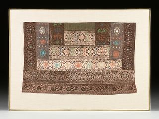 AN INDO-PERSIAN SILVER THREAD EMBROIDERED PATCHWORK SILK TEXTILE FRAGMENT, 18TH/19TH CENTURY,