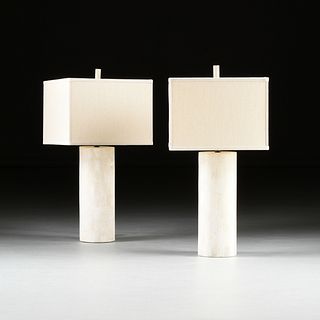 A PAIR OF CONTEMPORARY CYLINDRICAL BONE WHITE MARBLE LAMPS, MODERN,