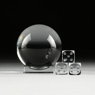 A BACCARAT "SIRIUS" CRYSTAL BALL AND THREE CRYSTAL DICE, EACH SIGNED, LATE 20TH CENTURY,