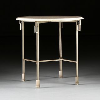 A MODERN CLASSICAL STYLE MARBLE TOPPED AND SILVERED METAL GUÉRIDON TABLE,