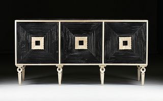 A CONTEMPORARY EBONIZED WOOD AND SILVERED STEEL THREE DOOR CREDENZA, BY GLOBAL VIEWS, 